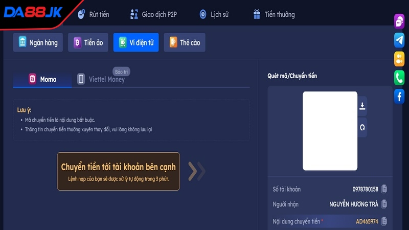 Giao dịch qua ví điện tử khá phổ biến tại DA88